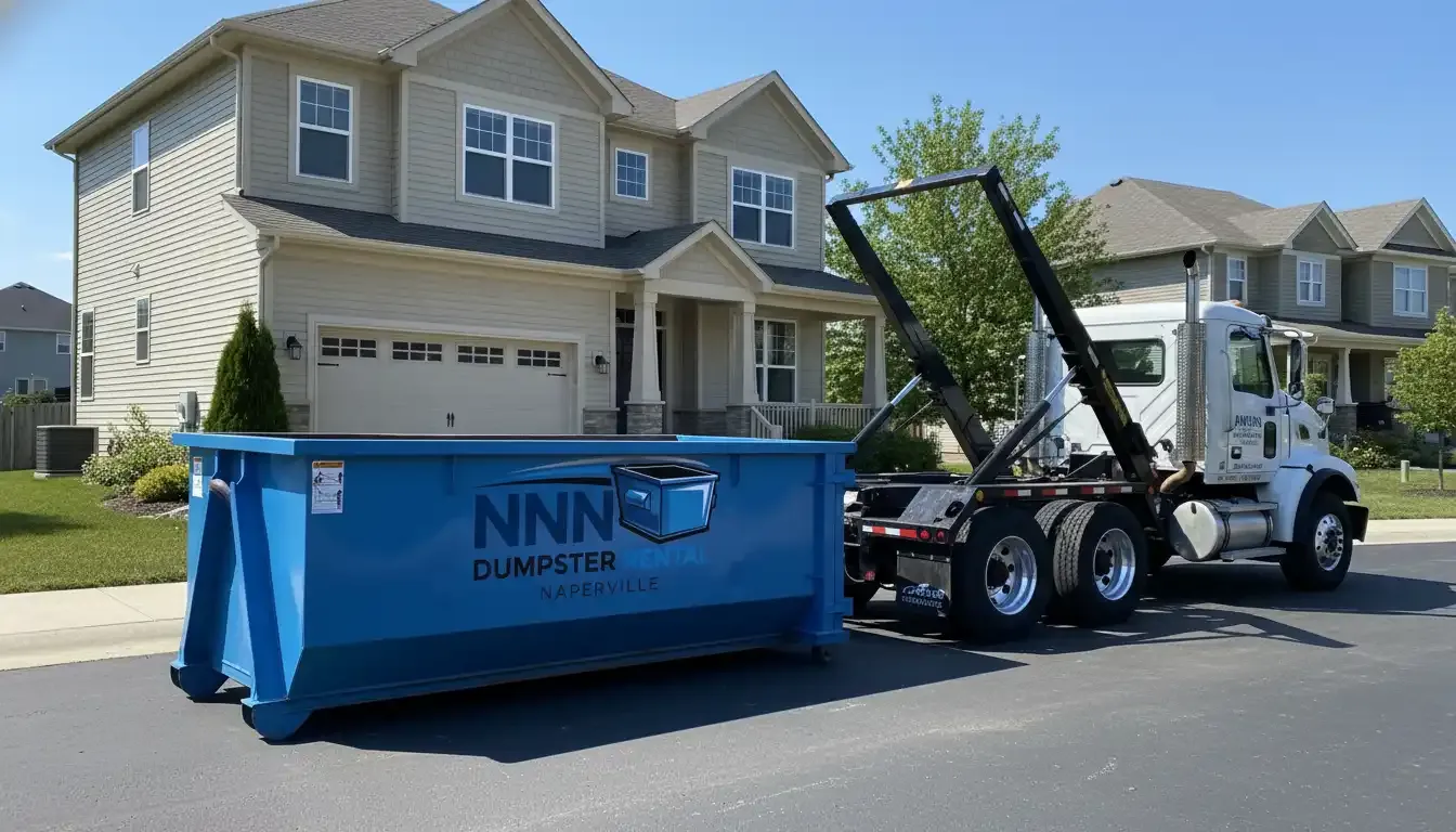 Dumpster rental in Naperville, IL Blue NNN roll-off dumpster being delivered to a Naperville, Illinois driveway